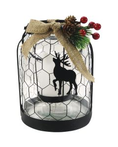 Alpine 7 In. W. x 9 In. H. x 7 In. L. LED Reindeer Lantern with Chicken Wire Holiday Decoration