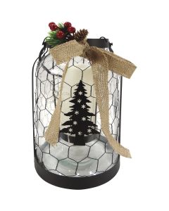 Alpine 7 In. W. x 11 In. H. x 7 In. L. LED Christmas Tree Lantern with Chicken Wire Holiday Decoration