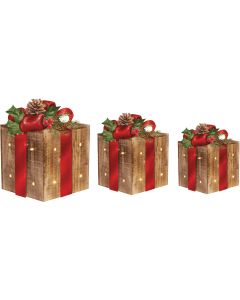 Alpine Warm White LED Rustic Wood with Red Ribbon Christmas Gift Box Set (3-Piece)