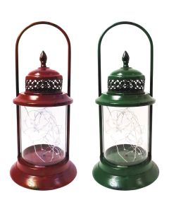 Alpine 6 In. W. x 15 In. H. x 6 In. L. Red or Green Antique Metal & Glass LED Lantern Holiday Decoration
