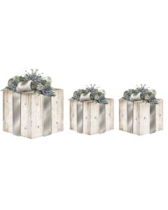 Alpine Cool White LED Distressed Wood with Silver Ribbon Christmas Gift Box Set (3-Piece)
