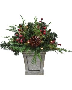 Bancroft 17 In. Faux Concrete Planter with Pine Cones & Red Berries