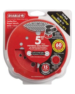 Diablo 5 In. 60-Grit Universal Hole Pattern Vented Sanding Disc with Hook and Lock Backing (15-Pack)