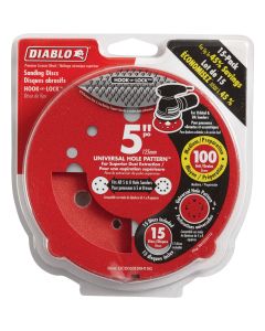 Diablo 5 In. 100-Grit Universal Hole Pattern Vented Sanding Disc with Hook and Lock Backing (15-Pack)