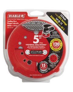 Diablo 5 In. 120-Grit Universal Hole Pattern Vented Sanding Disc with Hook and Lock Backing (15-Pack)