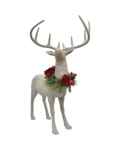 34 In. White Standing Deer with Removeable Floral Wreath