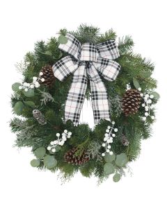 Mission Gallery 30 In. Mixed Pine Artificial Wreath with Black & Red Plaid Bow