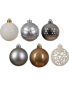 Decoris 2.4 In. Shatterproof Ginger Brown, Wool White, Marble Gray, Silver Bauble Christmas Ornament (37-Pack)