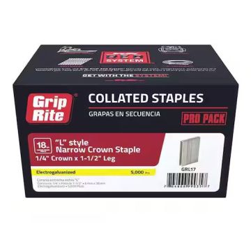 1/4" x 1-1/2" 18GA Collated Electrogalvanized L-Style Narrow Crown Finishing Staples 5000-Pack