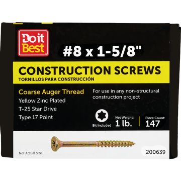 Do it Best #8 x 1-5/8 In. Star Drive Flat Head Gold Construction Wood Screw (160 Ct., 1 Lb.)