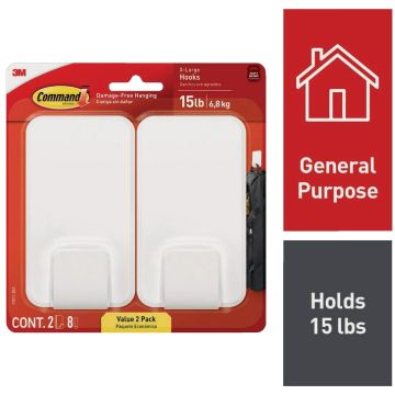 Command Extra Large 15 Lb. Adhesive Hook, White, 2 Hooks, 8 Strips