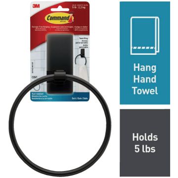 Command Bath Matte Black Adhesive Towel Ring, 2 Strips