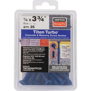 Titen Turbo  1/4 in. x 3-3/4 in. 6-Lobe Flat-Head Concrete and Masonry Screw, Blue (25-Qty)