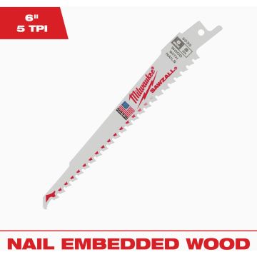 Milwaukee SAWZALL 6 In. 5 TPI Wood Reciprocating Saw Blade, Bulk