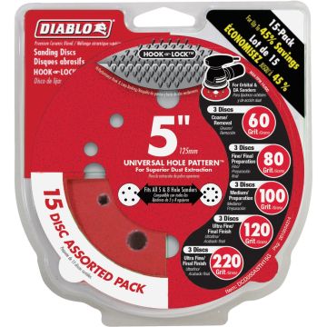 Diablo StickFast 5 In. Assorted Grit 60/80/100/120/220 Hook & Lock Sanding Disc (15-Pack)