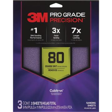 3M Pro Grade Precision 9 In. x 11 In. 180 Grit Sandpaper Sheet with No-Slip Grip Backing (3-Pack)