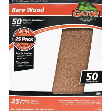 Gator Blade Bare Wood 9 In. x 11 In. 50 Grit Coarse Sandpaper (25-Pack)