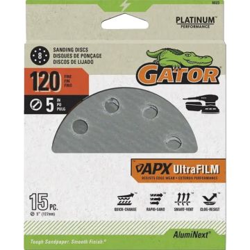 Gator Blade 5 In. 120-Grit 8-Hole Pattern Vented Sanding Disc with Hook & Loop Backing (15-Pack)