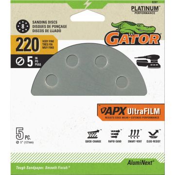 Gator Blade 5 In. 220-Grit 8-Hole Pattern Vented Sanding Disc with Hook & Loop Backing (5-Pack)