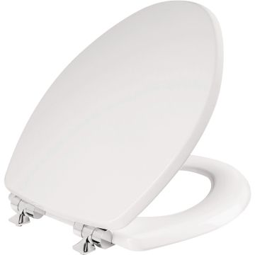 Bemis Mayfair Benton Elongated White Enameled Wood Toilet Seat with Slow Close Chrome Metal Hinge