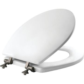 Bemis Mayfair Round Closed Front White Wood Toilet Seat with Brushed Nickel Hinges