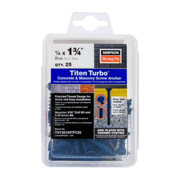 Image of Simpson Strong-Tie TNT25134TFC25 Titen Turbo™ — 1/4 in. x 1-3/4 in. 6-Lobe Flat-Head Concrete and Masonry Screw, Blue (25-Qty)