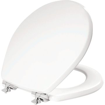 Bemis Mayfair Benton Round White Enameled Wood Toilet Seat with Slow Close Chrome Metal Hinge