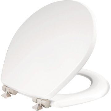Bemis Mayfair Benton Round White Enameled Wood Toilet Seat with Slow Close Brushed Nickel Metal Hinge