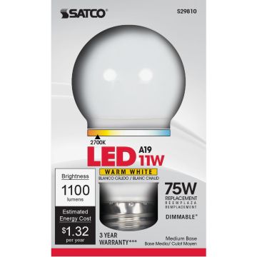 Satco 75W Equivalent Warm White A19 Medium Dimmable LED Light Bulb