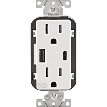 Leviton Decora 15A White 5.1A Type A/C USB 5-15R Weather/Tamper-Resistant In-Wall Charger Duplex Outlet