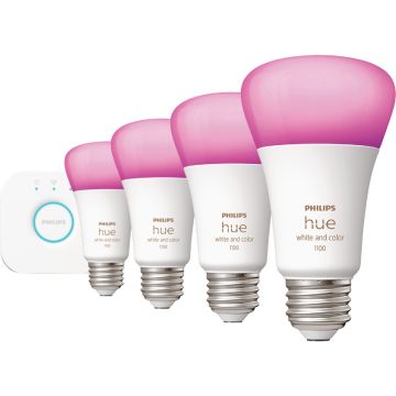 Philips Hue 4-Bulb 75W Equivalent Warm White & Color Ambiance A19 Medium Dimmable LED Light Bulb Starter Kit
