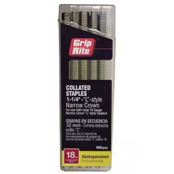 1/4" x 1-1/4" 18GA Collated Electrogalvanized L-Style Narrow Crown Finishing Staples 1000-Pack