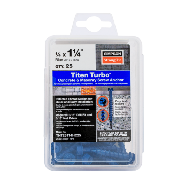 Image of Simpson Strong-Tie TNT25114HC25 Titen Turbo™ — 1/4 in. x 1-1/4 in. Hex-Head Concrete and Masonry Screw, Blue (25-Qty)