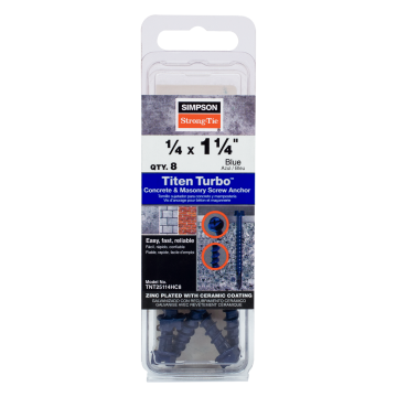Image of Simpson Strong-Tie TNT25114HC8 Titen Turbo™ — 1/4 in. x 1-1/4 in. Hex-Head Concrete and Masonry Screw, Blue (8-Qty) (Pack of 5)