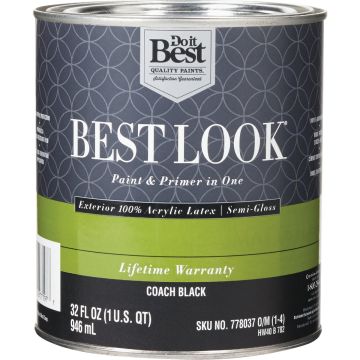 Best Look 100% Acrylic Latex Premium Paint & Primer In One Semi-Gloss Exterior House Paint, Coach Black, 1 Qt.