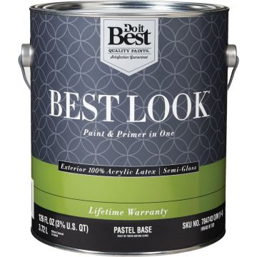 Best Look 100% Acrylic Latex Premium Paint & Primer In One Semi-Gloss Exterior House Paint, Pastel Base, 1 Gal.