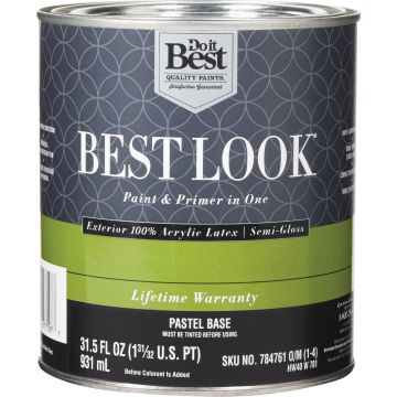 Best Look 100% Acrylic Latex Premium Paint & Primer In One Semi-Gloss Exterior House Paint, Pastel Base, 1 Qt.