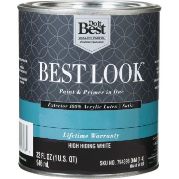 Best Look 100% Acrylic Latex Premium Paint & Primer In One Satin Exterior House Paint, High Hiding White, 1 Qt.
