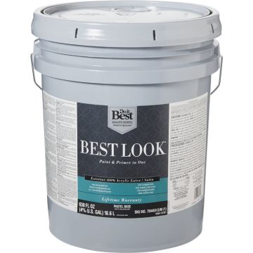 Best Look 100% Acrylic Latex Premium Paint & Primer In One Satin Exterior House Paint, Pastel Base, 5 Gal.