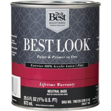 Best Look 100% Acrylic Latex Premium Paint & Primer In One Flat Exterior House Paint, Neutral Base, 1 Qt.