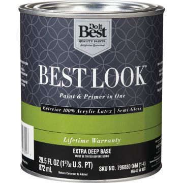 Best Look 100% Acrylic Latex Premium Paint & Primer In One Semi-Gloss Exterior House Paint, Extra Deep Base, 1 Qt.