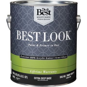 Best Look 100% Acrylic Latex Premium Paint & Primer In One Semi-Gloss Exterior House Paint, Extra Deep Base, 1 Gal.