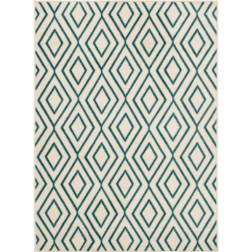 Backyard Bungalow Sierra 6 Ft. 6 In. x 9 Ft. 6 In. Concentric Diamond Ivory/Teal Plush Outdoor Rug