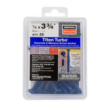 Image of Simpson Strong-Tie TNT25334TFC25 Titen Turbo™ — 1/4 in. x 3-3/4 in. 6-Lobe Flat-Head Concrete and Masonry Screw, Blue (25-Qty)