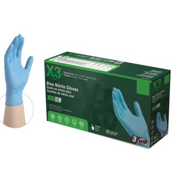 Large Ammex Blue X3 Nitrile Industrial Latex Free Disposable Gloves, 3-Mil, 100-Pack