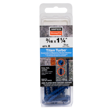 Image of Simpson Strong-Tie TNT18114HC8 Titen Turbo™ — 3/16 in. x 1-1/4 in. Hex-Head Concrete and Masonry Screw, Blue (8-Qty) (Pack of 5)