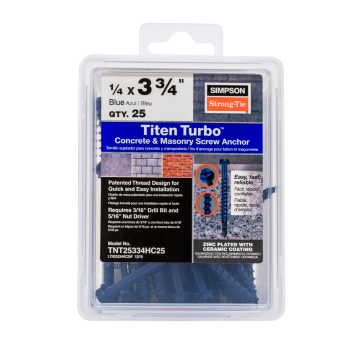 Image of Simpson Strong-Tie TNT25334HC25 Titen Turbo™ — 1/4 in. x 3-3/4 in. Hex-Head Concrete and Masonry Screw, Blue (25-Qty) (Pack of 1152)