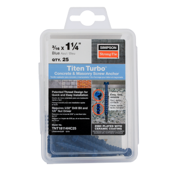 Image of Simpson Strong-Tie TNT18114HC25 Titen Turbo™ — 3/16 in. x 1-1/4 in. Hex-Head Concrete and Masonry Screw, Blue (25-Qty) (Pack of 5)