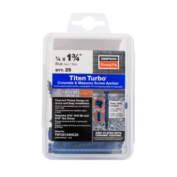 Image of Simpson Strong-Tie TNT25134HC25 Titen Turbo™ — 1/4 in. x 1-3/4 in. Hex-Head Concrete and Masonry Screw, Blue (25-Qty) (Pack of 1440)