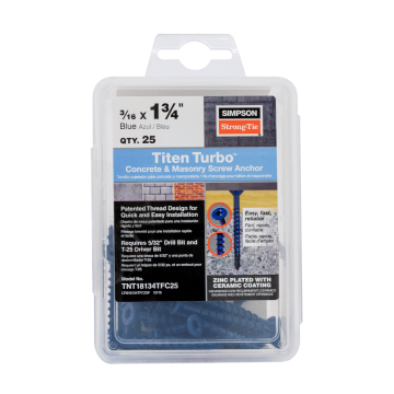 Image of Simpson Strong-Tie TNT18134TFC25 Titen Turbo™ — 3/16 in. x 1-3/4 in. 6-Lobe Flat-Head Concrete and Masonry Screw, Blue (25-Qty) (Pack of 1440)